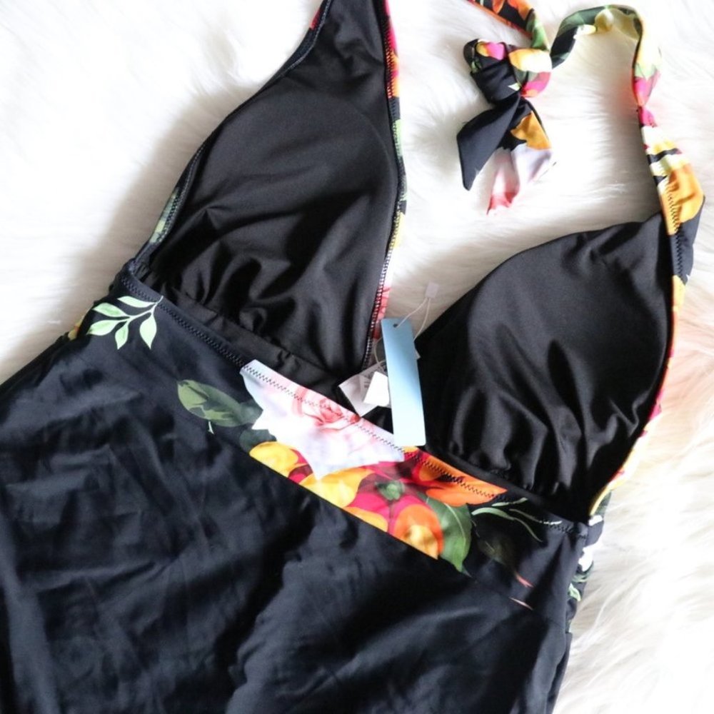 NEW Floral And Black Plunge Halter One Piece Bathing Suit Size XXL - Picture 7 of 9